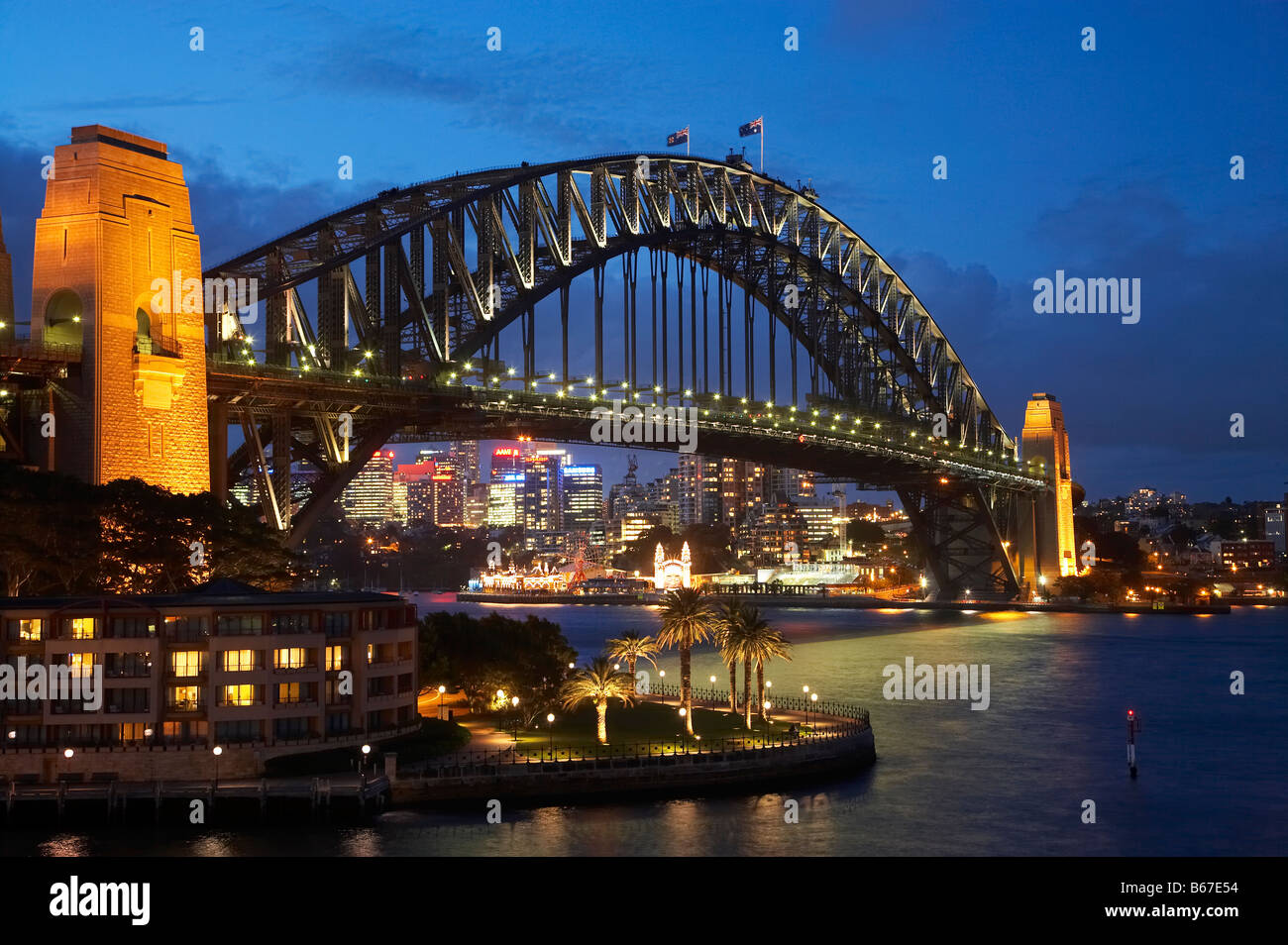 Sydney Harbour Bridge and Park Hyatt Sydney Hotel at Night Sydney New South Wales Australia Stock Photo
