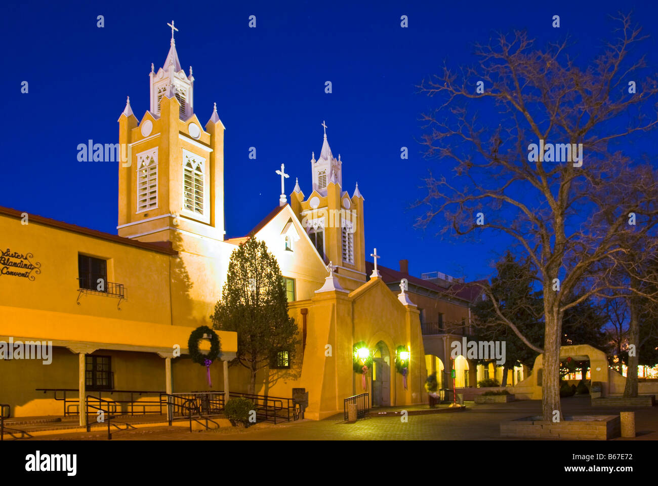 Night lights on San Felipe Neri Church, Old Town, Albuquerque, New