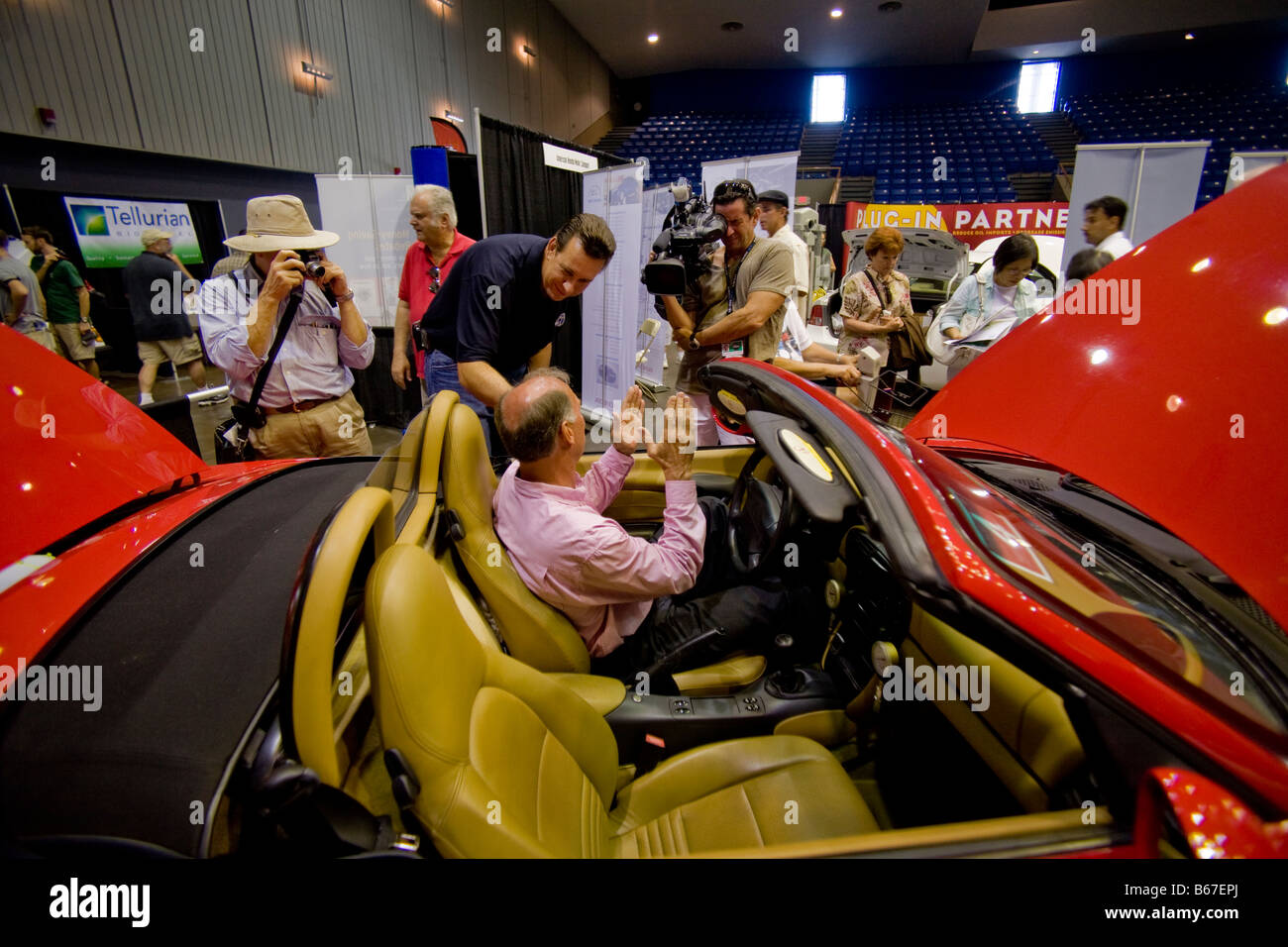 Designer of Porsche sports car giving interview at 'AltCar' show exhibition in Santa Monica, CA Stock Photo