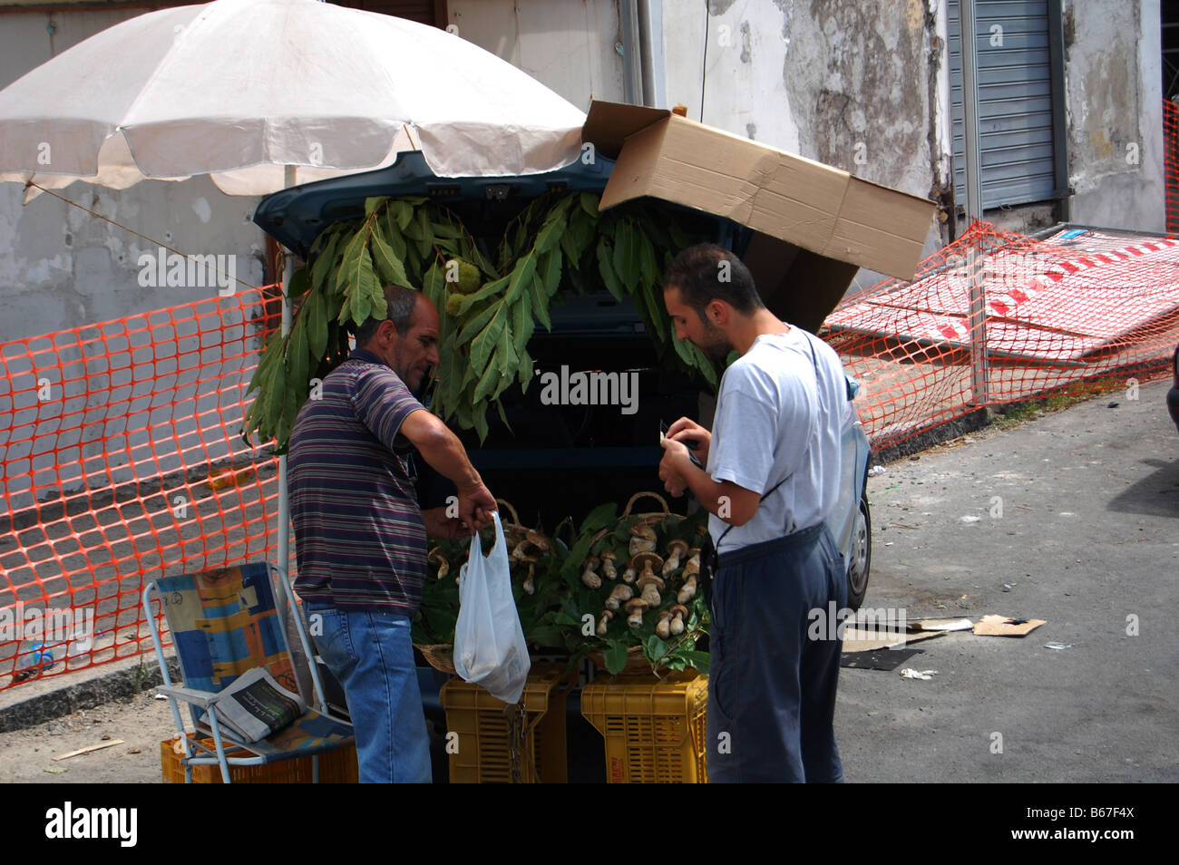 Italians selling wild mushrooms on the street in Pempei Stock Photo