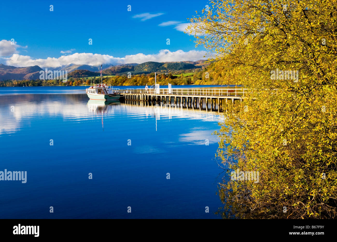 A sunny autumn day on the shores of Ullswater in the Lake District National Park Cumbria England UK by the Pooley Bridge steamer Stock Photo