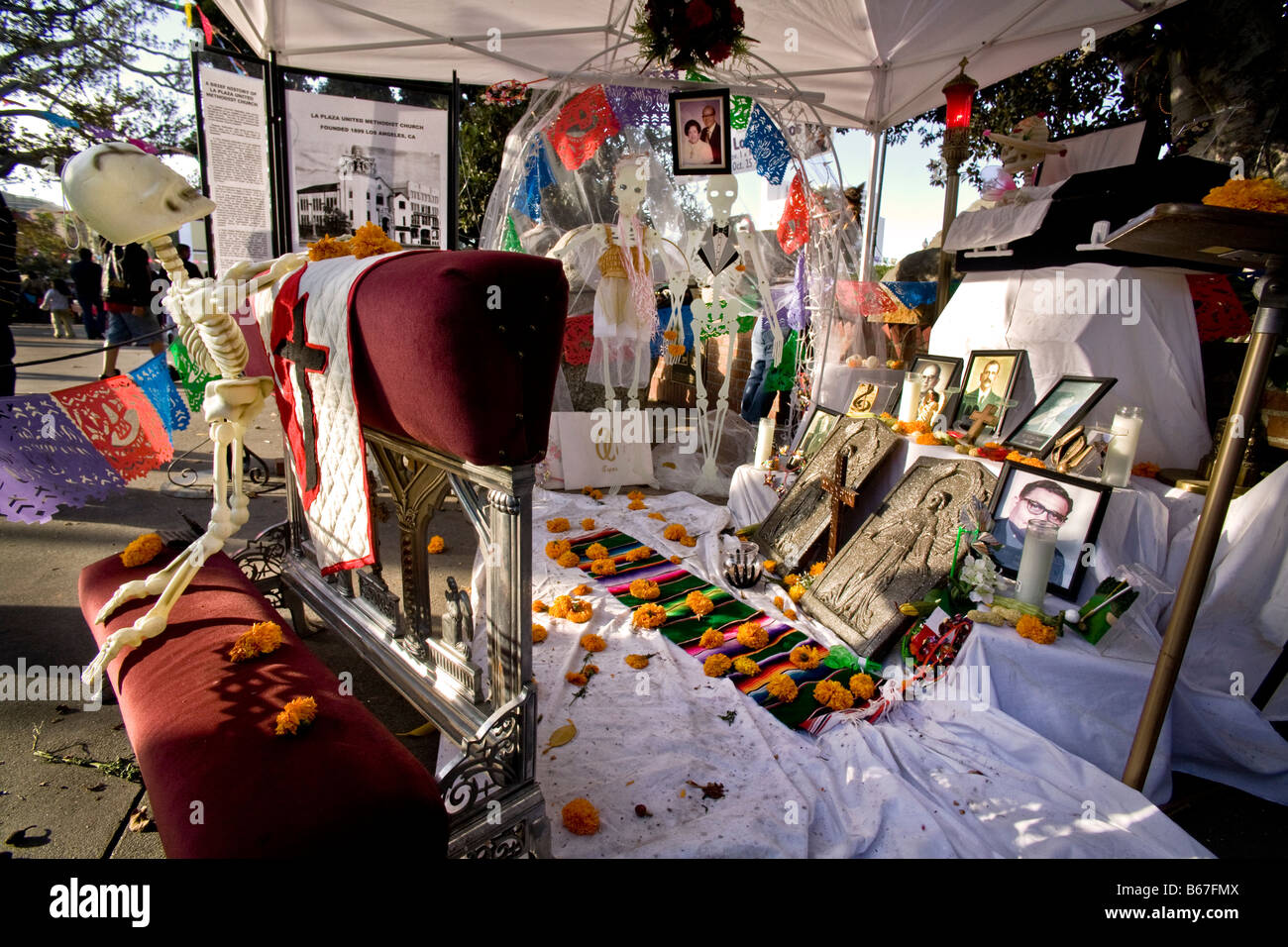 Altar honoring a deceased person to celebrate the Day of the Dead in Los Angeles, Mexican memorial to the dead Stock Photo