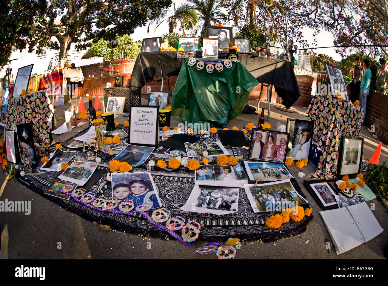 A private altar honoring a deceased person to celebrate the Day of the Dead in Los Angeles, traditional day of memorial Stock Photo