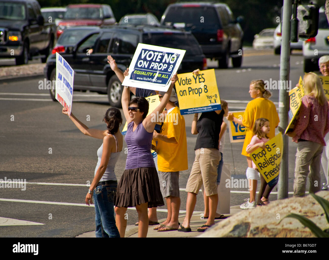 Demonstrators protest against state ballot proposition at Pacific Coast Highway in Laguna Niguel, CA, USA Stock Photo