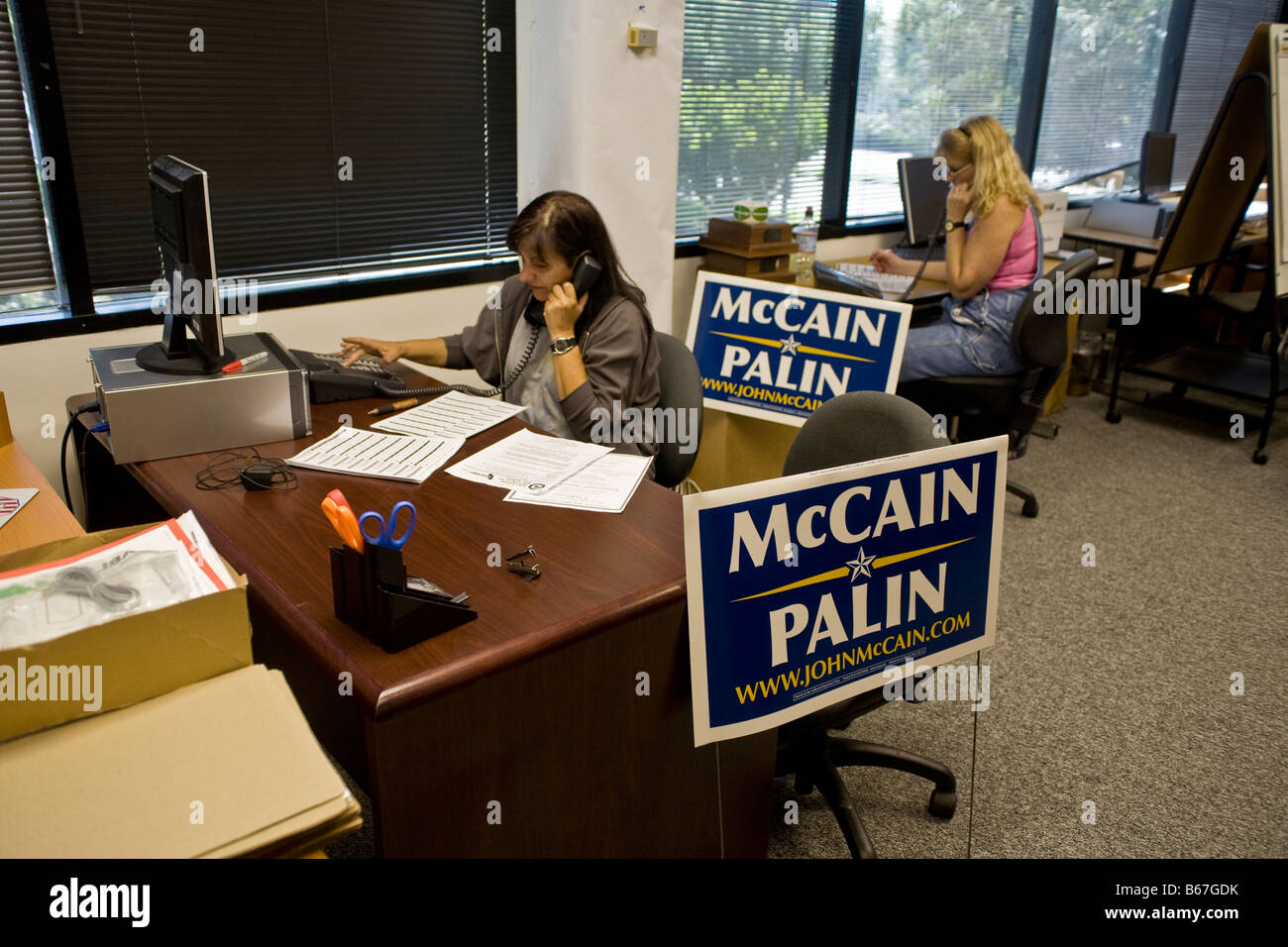 Female volunteers working at Orange County Republican Party headquarters in Orange, CA, USA Stock Photo