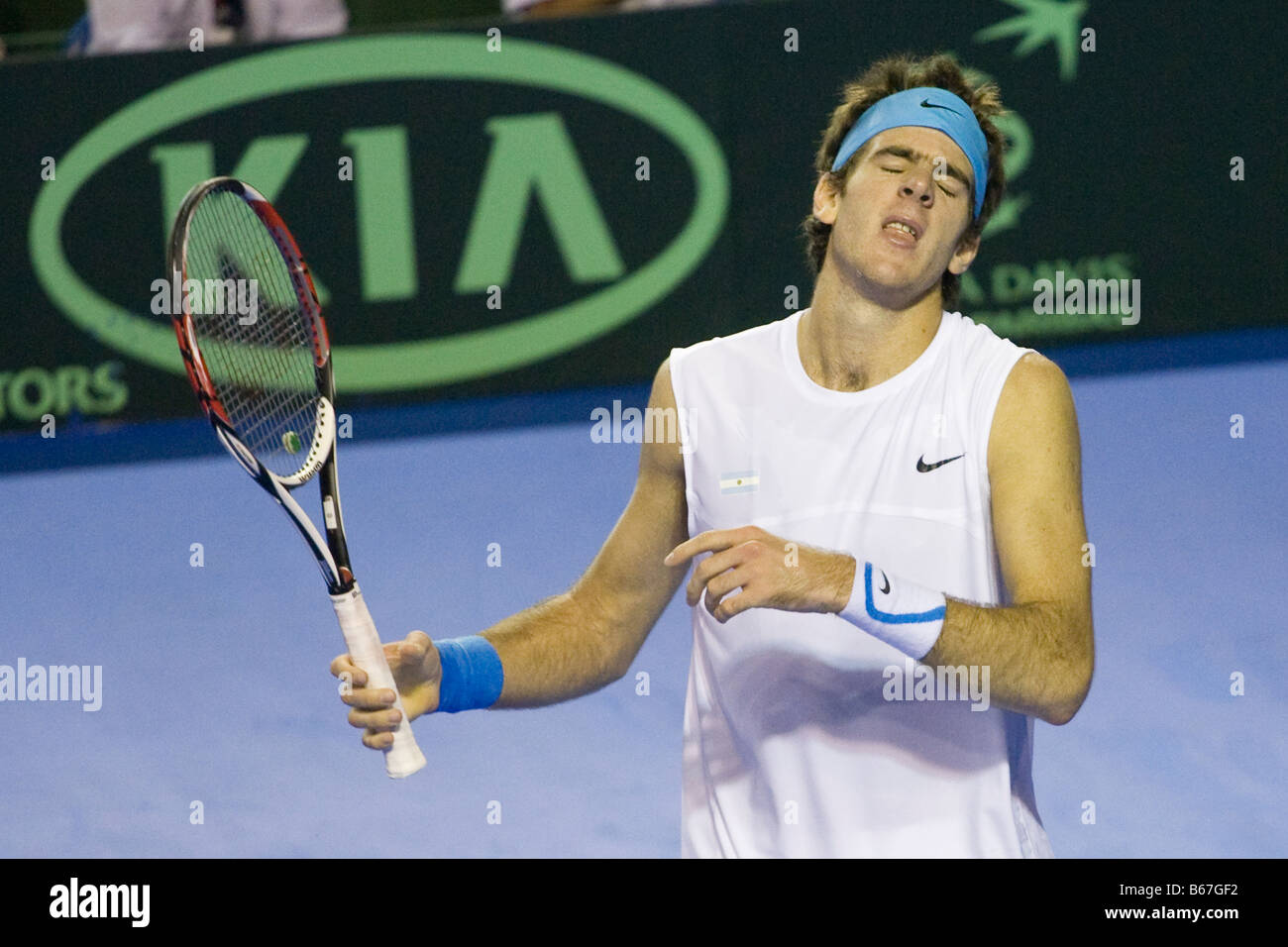 Argentinian tennis player Juan Martin Del Potro complaining for a lost point during the 2008 Davis Cup final against Lopez Stock Photo