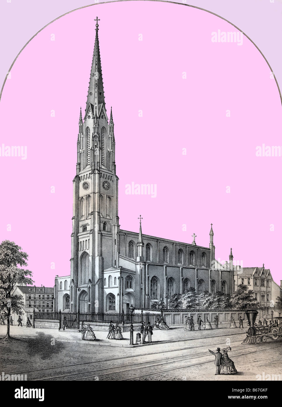 Hand colored print shows exterior view of the St. Philomena Church in Pittsburgh, Pennsylvania. Stock Photo