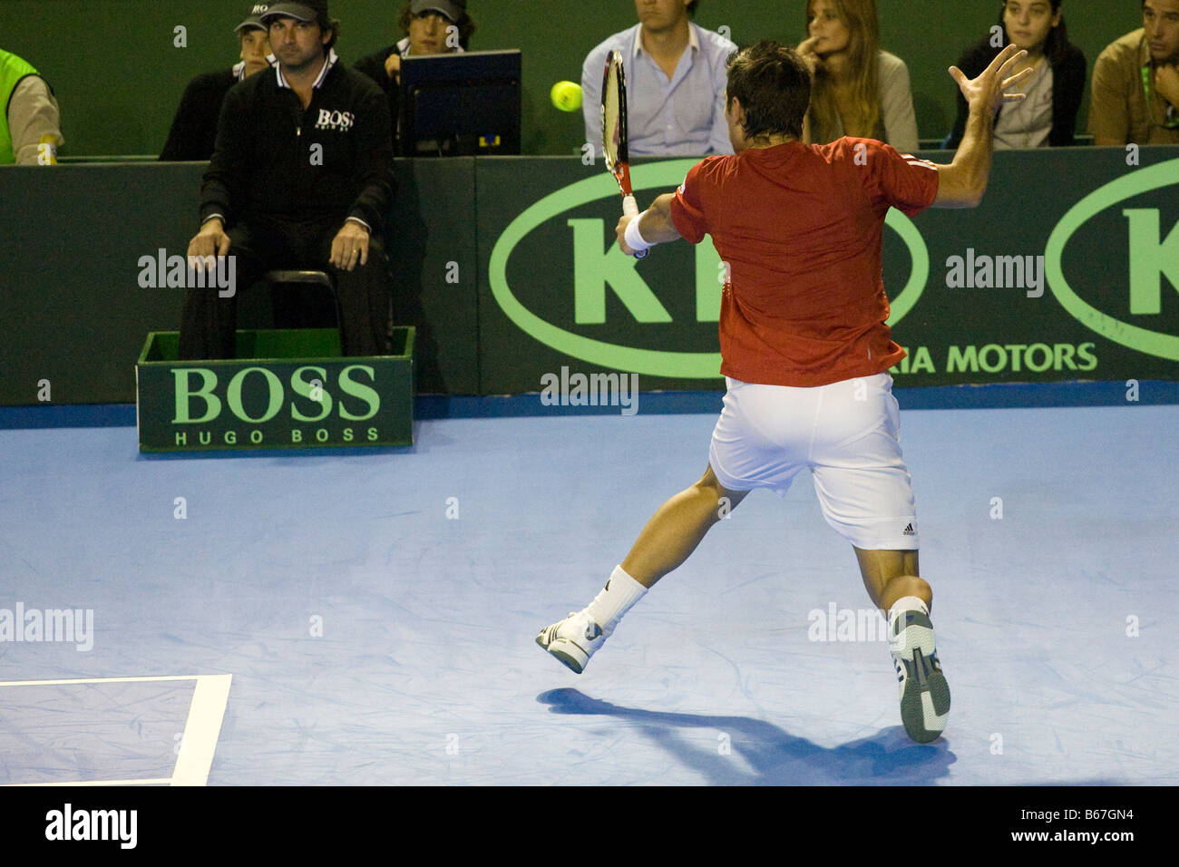 Spanish tennis player Fernando Verdasco hitting a slice backhand shot during the 2008 Davis Cup final against Jose Acasuso Stock Photo