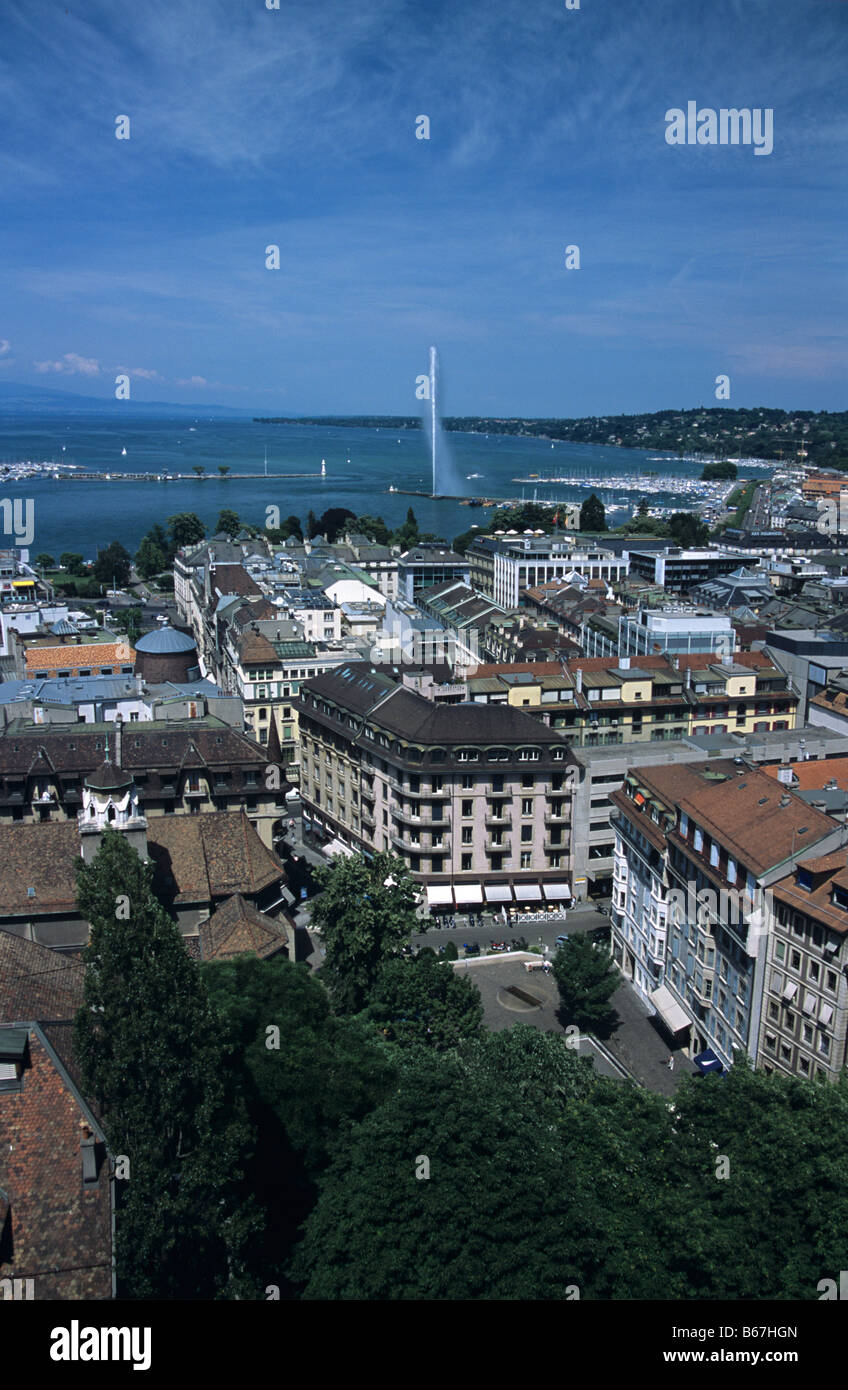 View over rooftops of Geneva, Lake Leman, fountain and harbour, Geneva, Switzerland Stock Photo