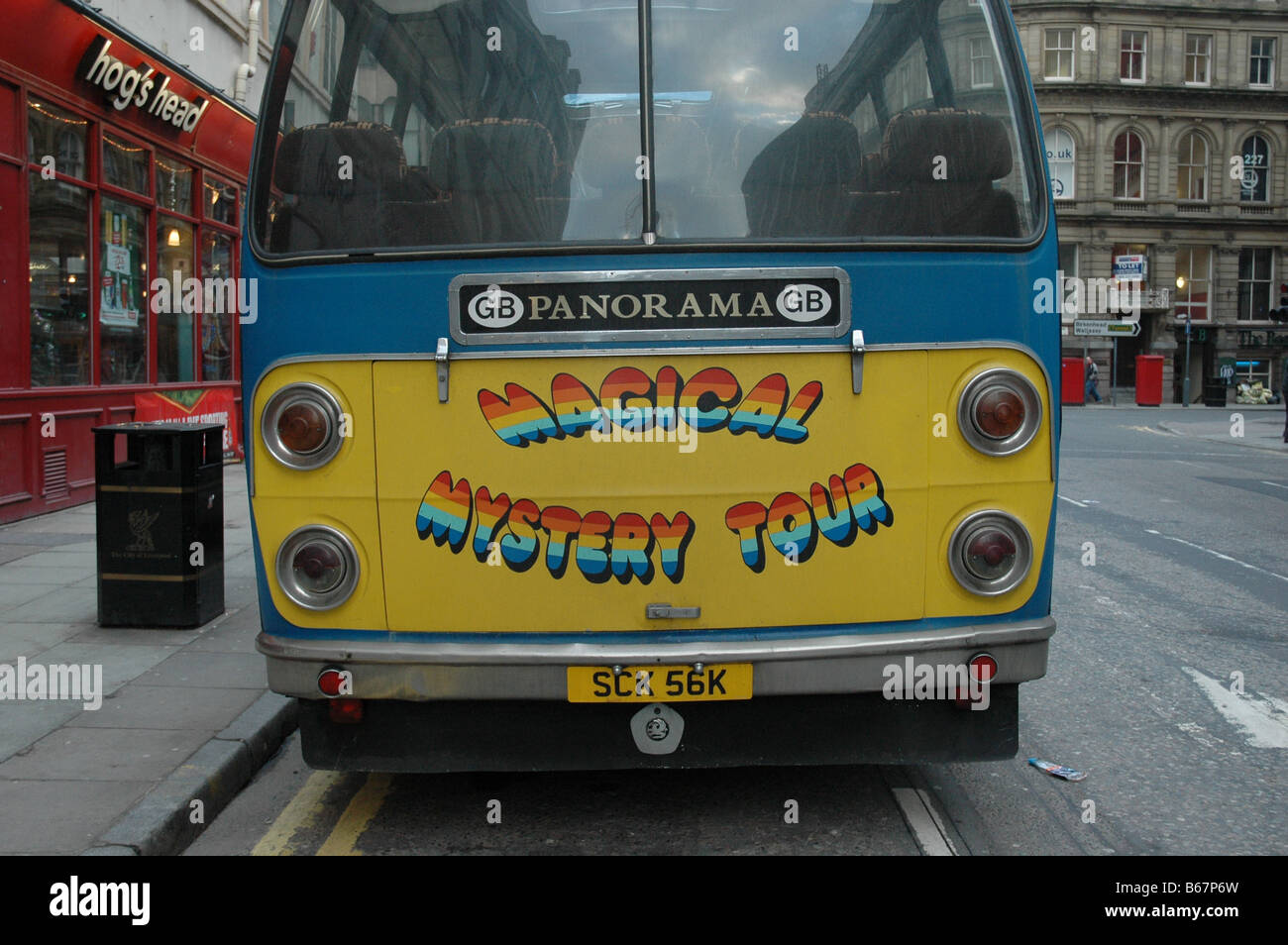 The Magical Mystery Tour bus a tourist tour in Liverpool of Beatles related places. Stock Photo
