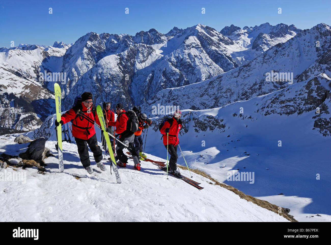 group of backcountry skiers on Summit of Schafkopf, Lechtal range, Tyrol, Austria Stock Photo