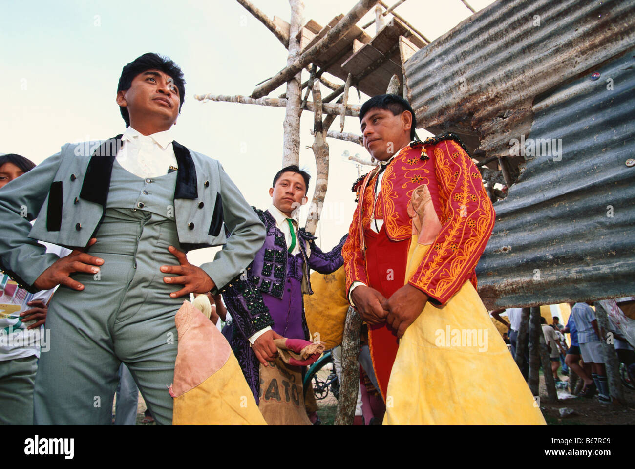 Four men, Torero at the Corrida, Village Festival, Hunucma, Yucatan, Mexico Stock Photo