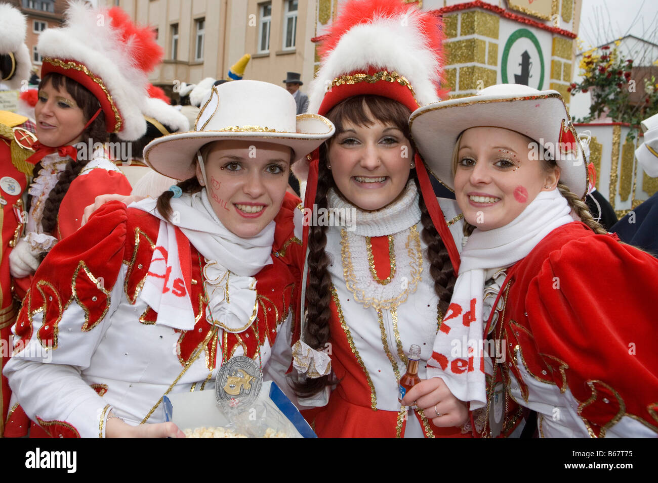 Funkenmariechen in Costume at Rosenmontag Carnival Celebration, Fulda, Rhoen, Hesse, Germany Stock Photo