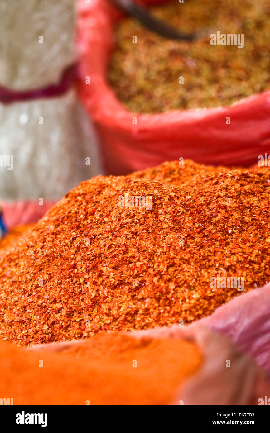 Sack of chili powder at a market stall, Tai'an, Shandong Province, China Stock Photo Alamy