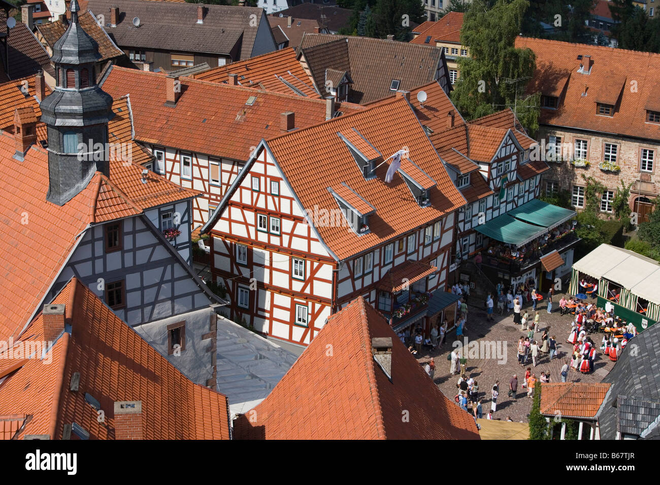 Timberframe Houses and Marktplatz Central Square, View from Schlitz Tower, Schlitz, Vogelsberg, Hesse, Germany Stock Photo