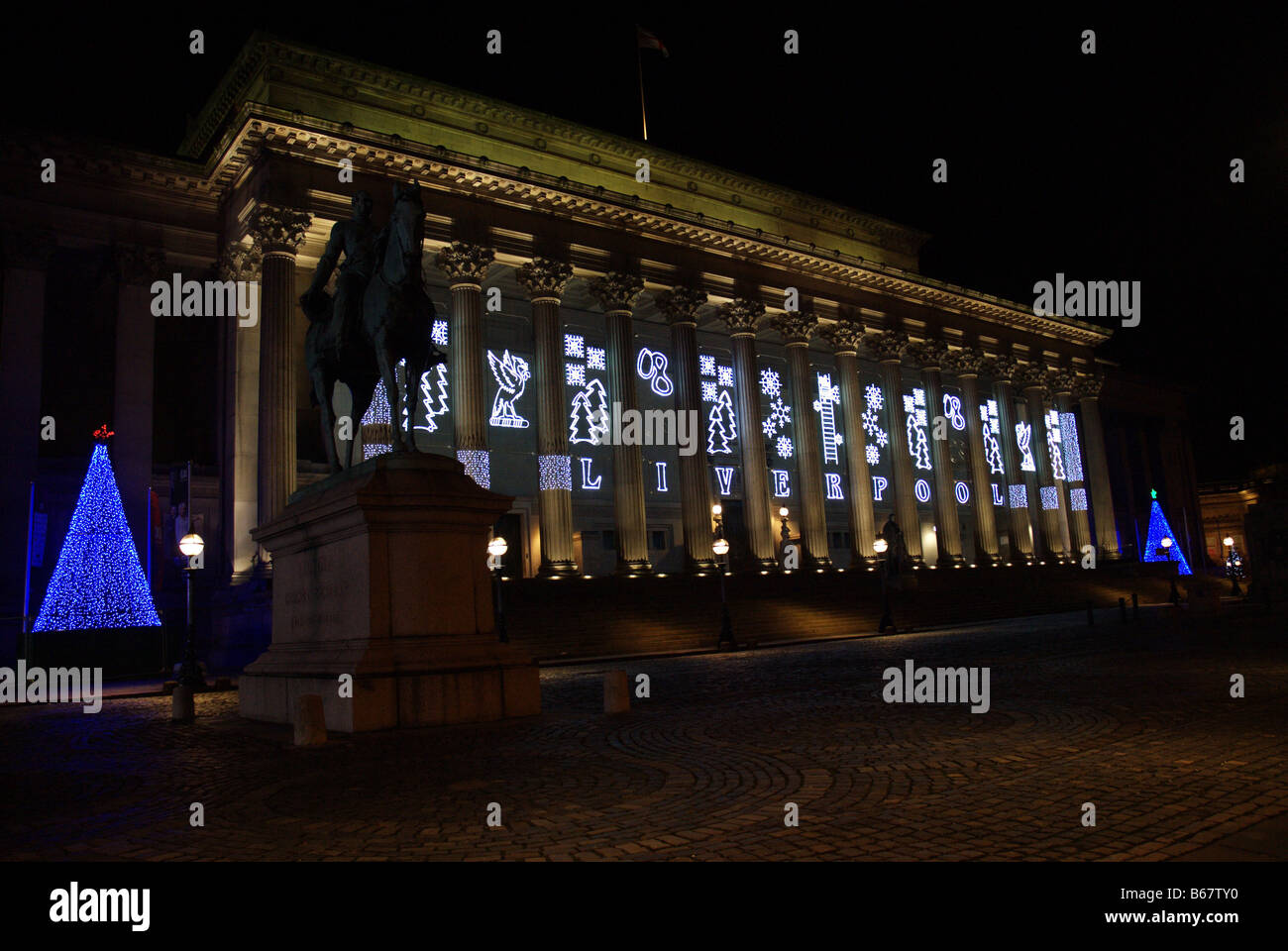 St Hall exterior at night with Christmas decorations, Liverpool
