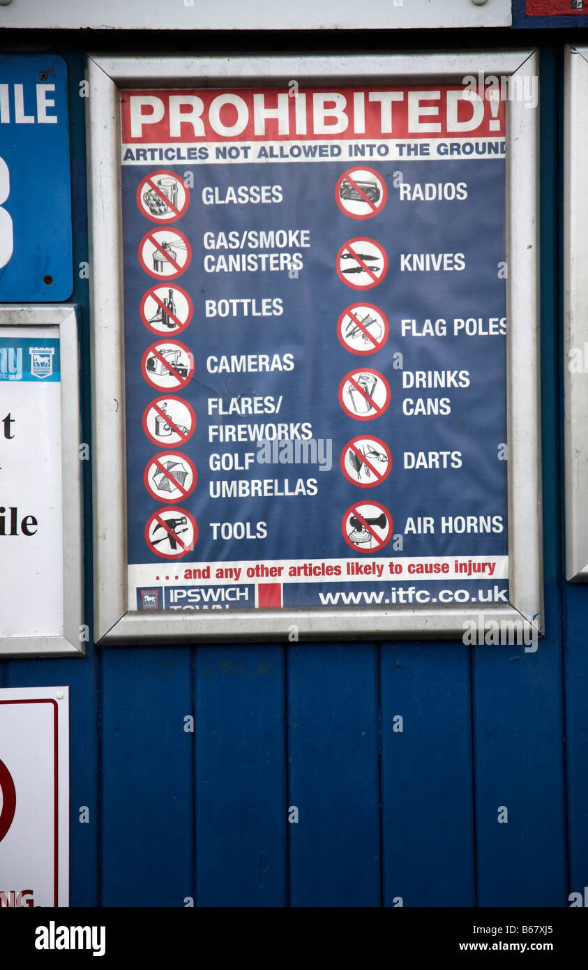 Prohibited Articles not allowed into football stadium Ipswich Town Football Club Ipswich Suffolk England Stock Photo