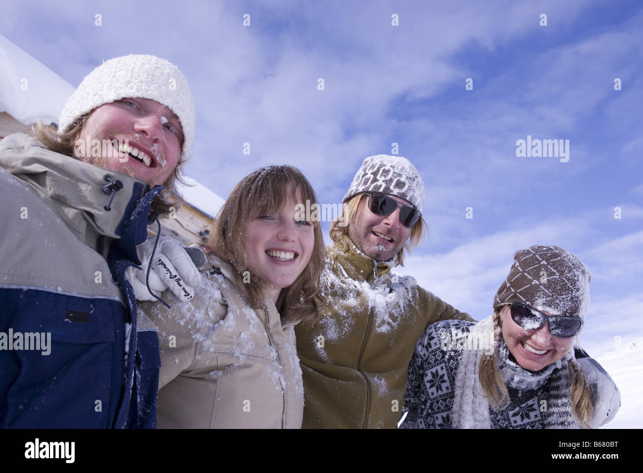 Young people after snowball fight, Kuehtai, Tyrol, Austria Stock Photo