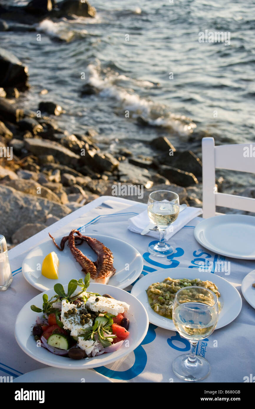 Different greek starters, including salat, served in the Sea Satin Market Restaurant, Mykonos