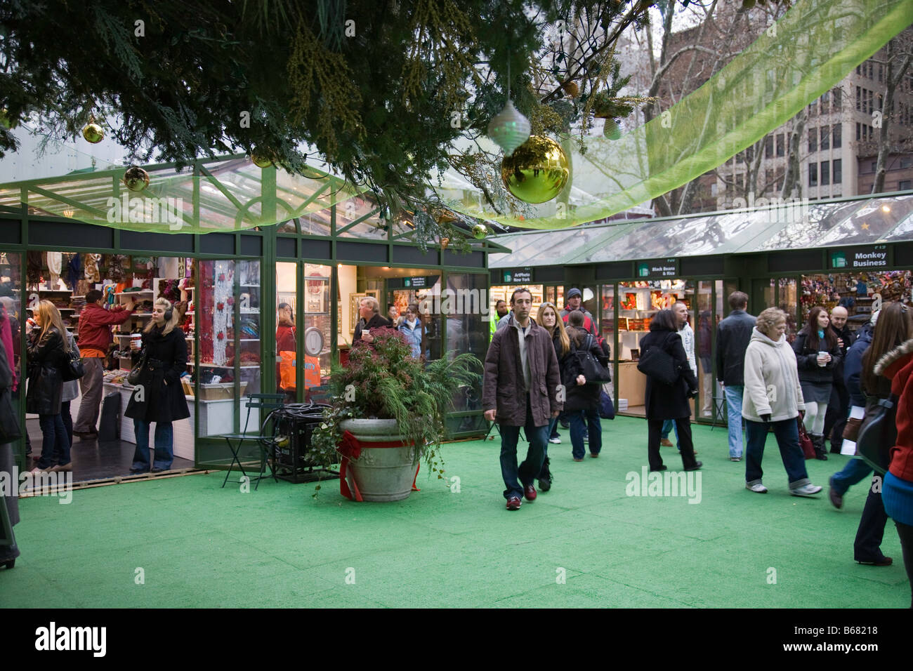 Shoppers at Christmas Market, NYC Stock Photo