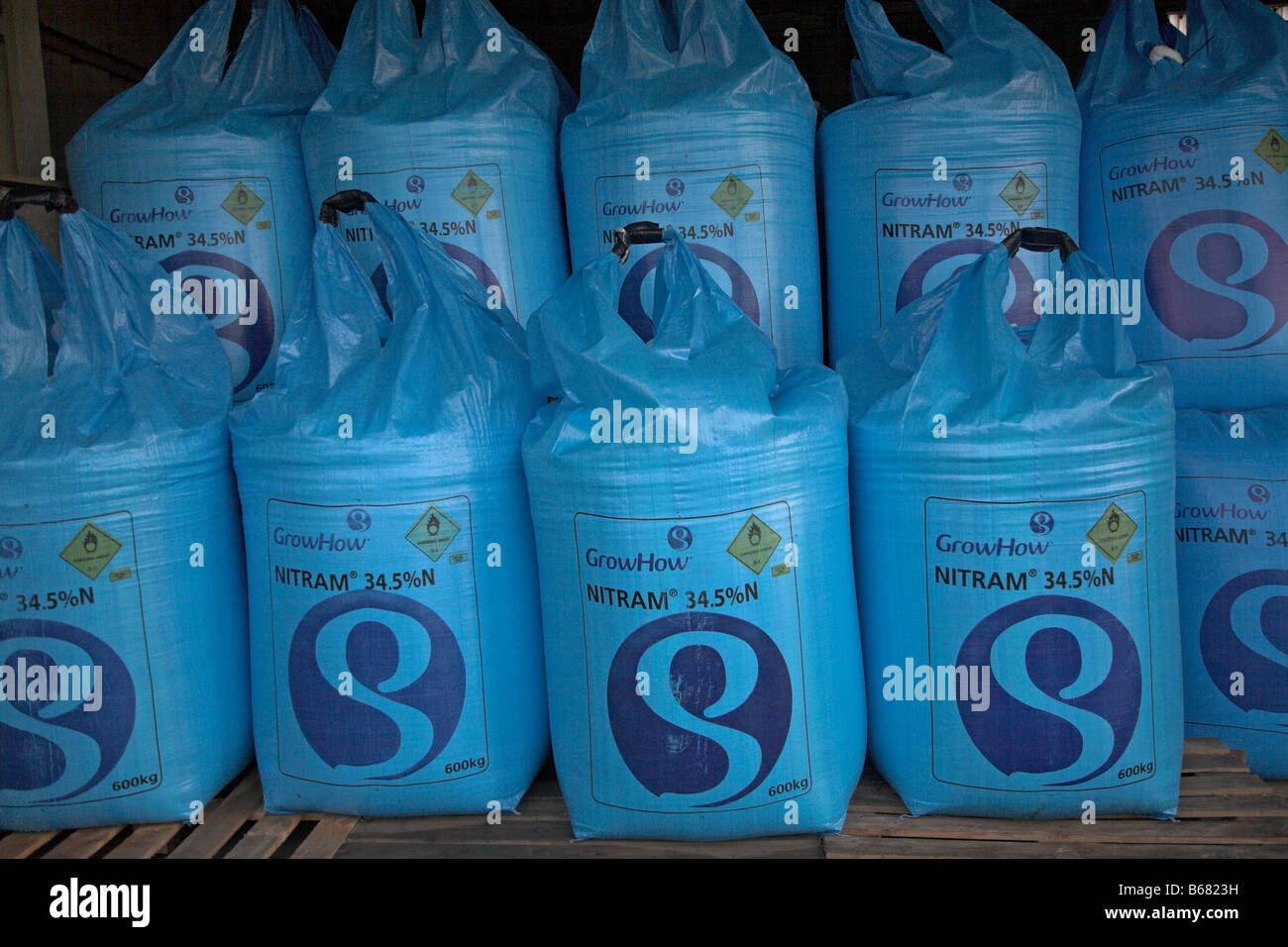 Large blue bags of Nitram nitrate fertiliser Stock Photo