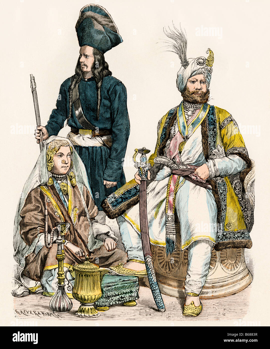 Rajah of Kashmir attended by a bodyguard and a woman dancer. Hand-colored print Stock Photo