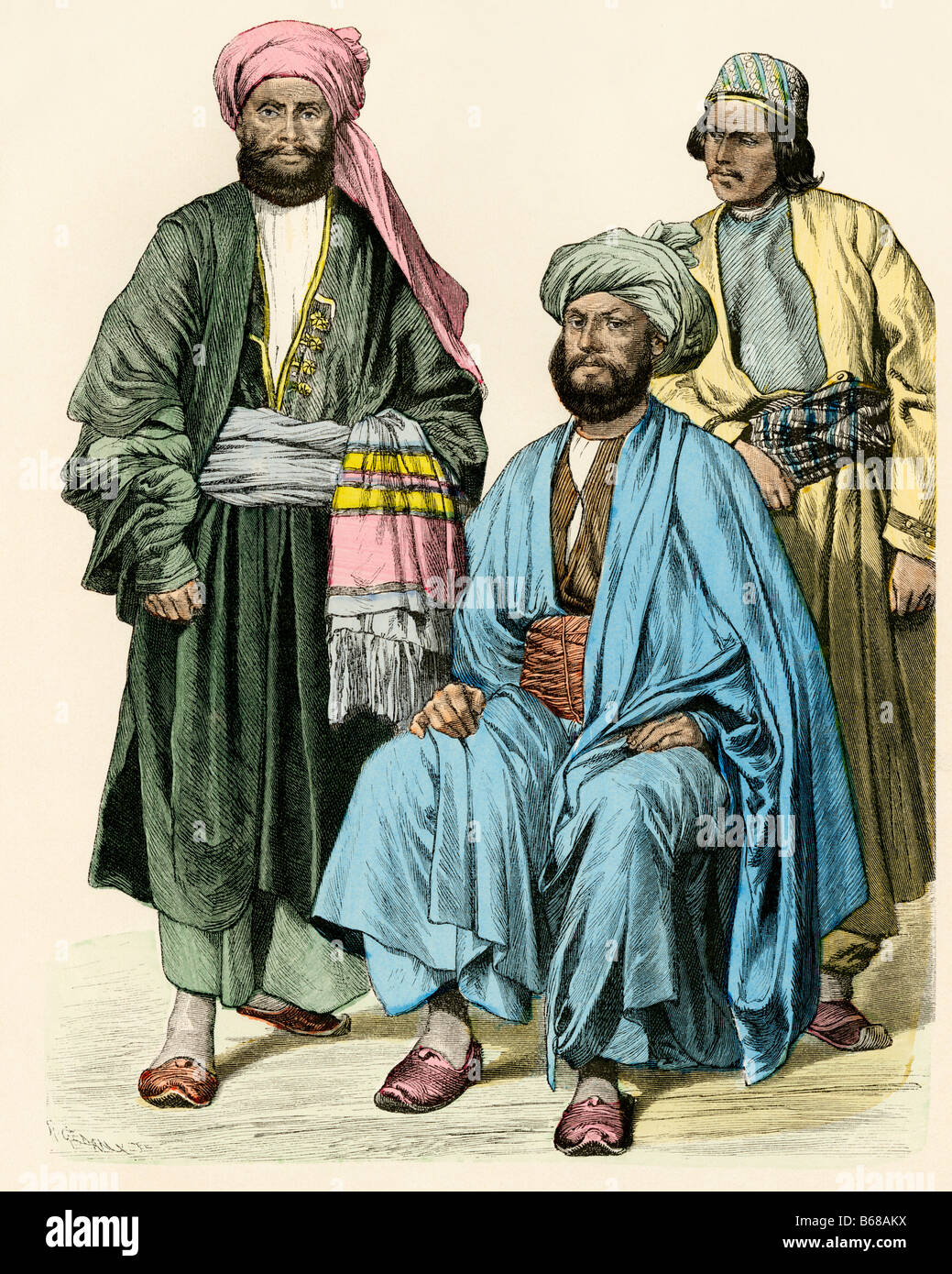 Afghan men in their traditional attire. Hand-colored print Stock Photo