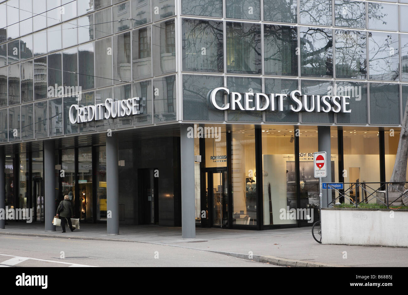 Logo and lettering on a Credit Suisse Bank building in Basel,Switzerland Stock Photo