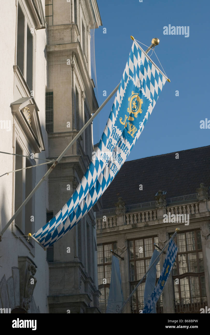 Munich Germany 2008 Augustiner Braeu Brewery Flag on the Orlando House located in the old part of Munich Stock Photo