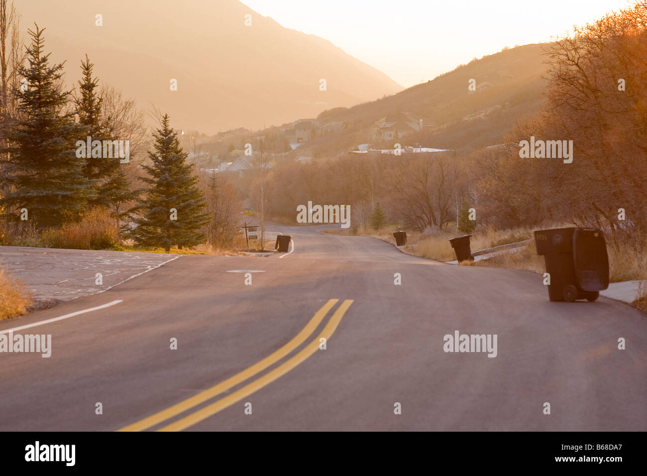 Trash day in an exurban neighborhood in the mountains above Salt Lake City Stock Photo
