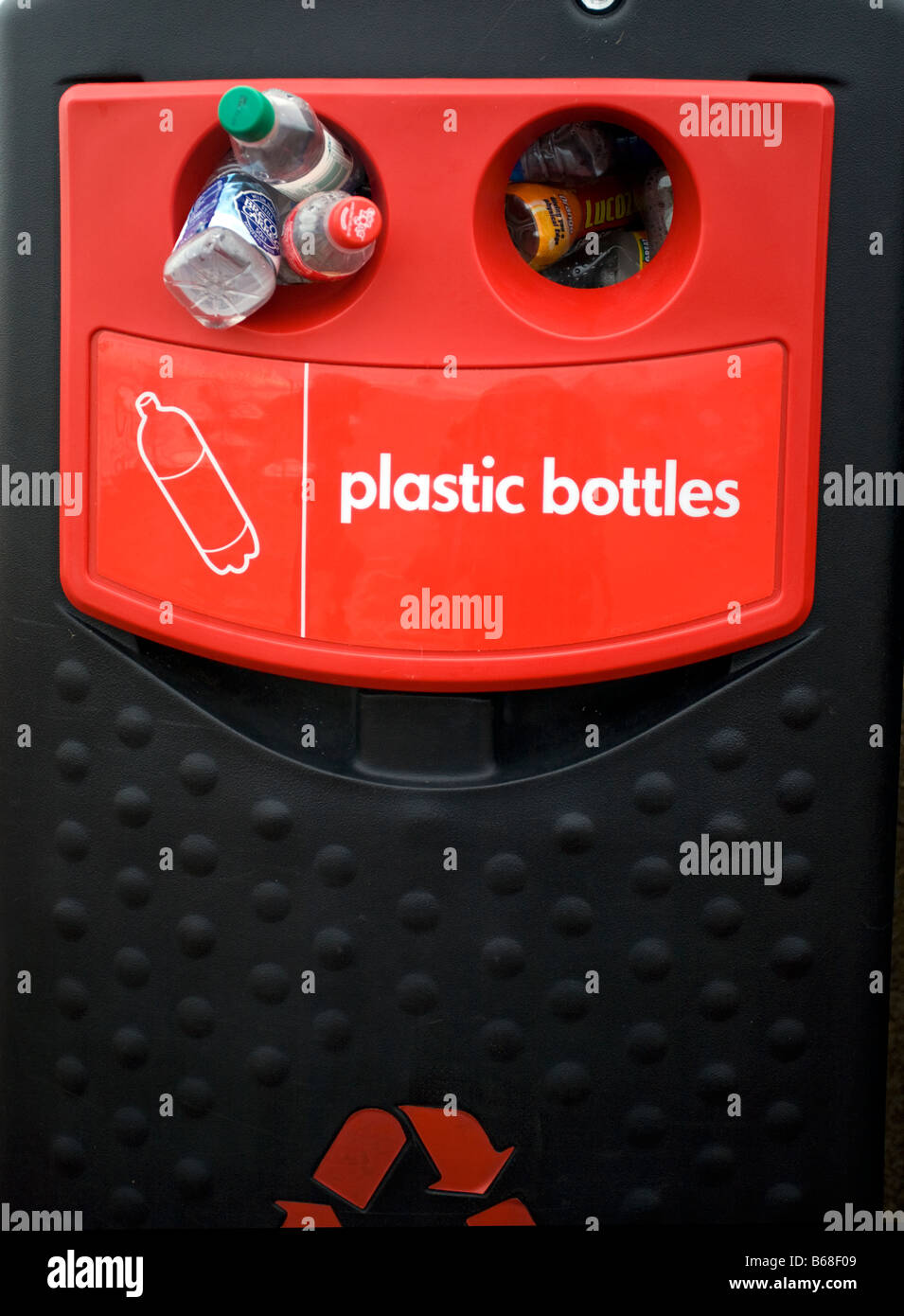 Plastic bottle recycling waste bin on the promenade at Morecambe Stock