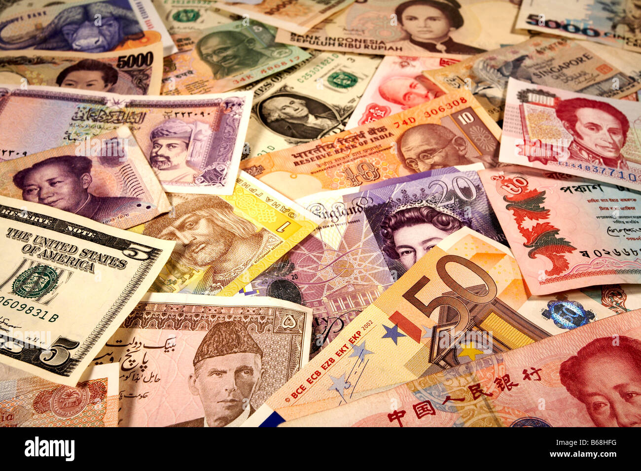 selection of world currency banknotes including US Dollar UK Pounds