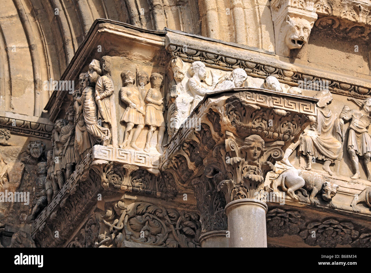 Romanesque bas relief of portal of abbey church (12 century), Saint Gilles (Saint Gilles du Gard), Languedoc Roussillon, France Stock Photo