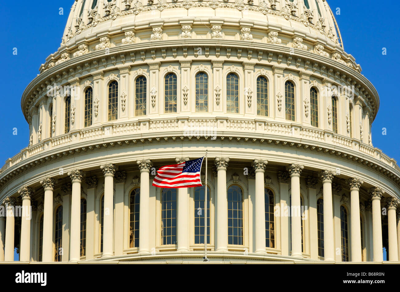 Detail of the central dome of the United States Capitol with the Stars and Strips flag, Washington, DC., USA Stock Photo