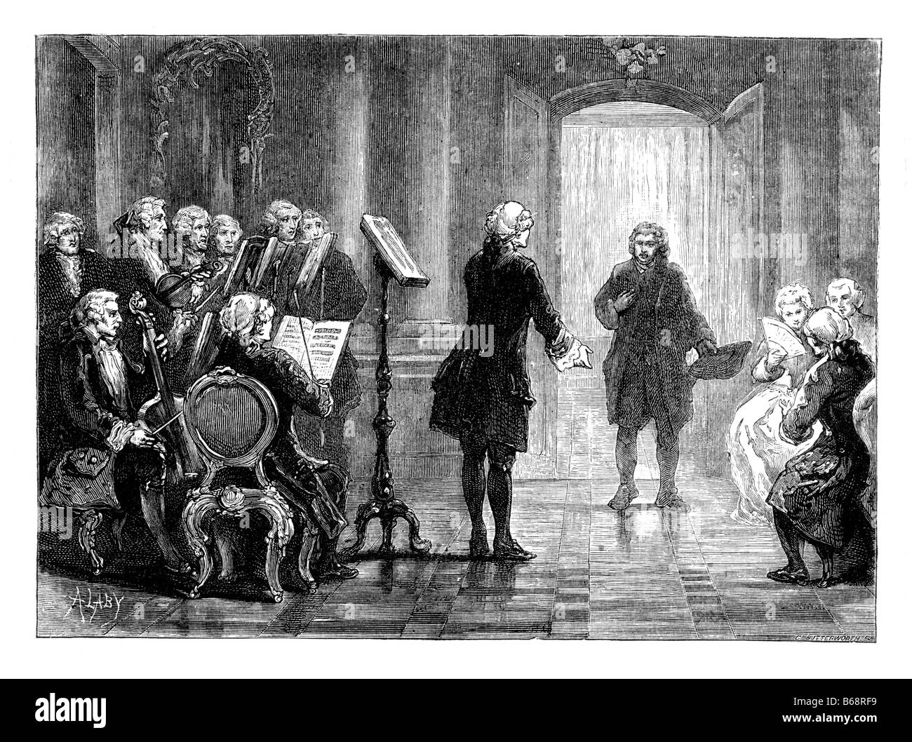 Johann Sebastian Bach being Introduced to Frederick The Great at Potsdam Germany 19th Century Illustration Stock Photo