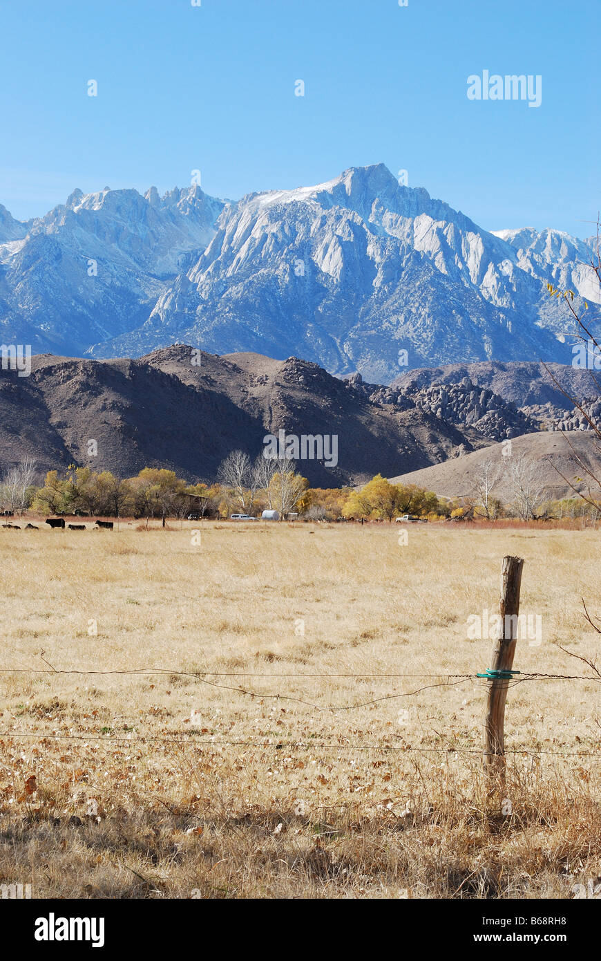 The Sierra Nevada with the Alabama Hills in middle distance from the town of Lone Pine Owens Valley CA USA Stock Photo