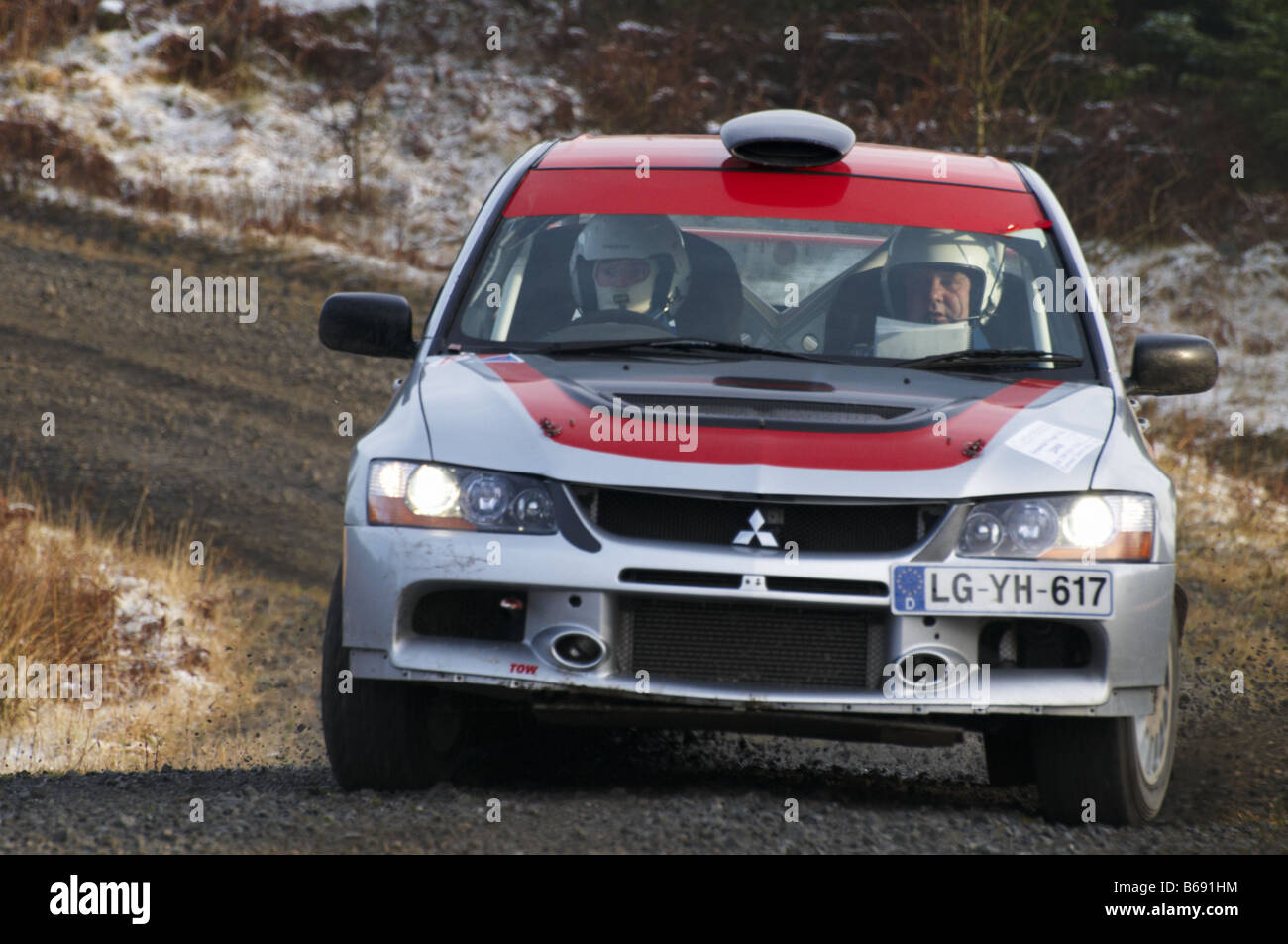 Rally Car on a special forest stage of a motor sport rally. Grizedale ...