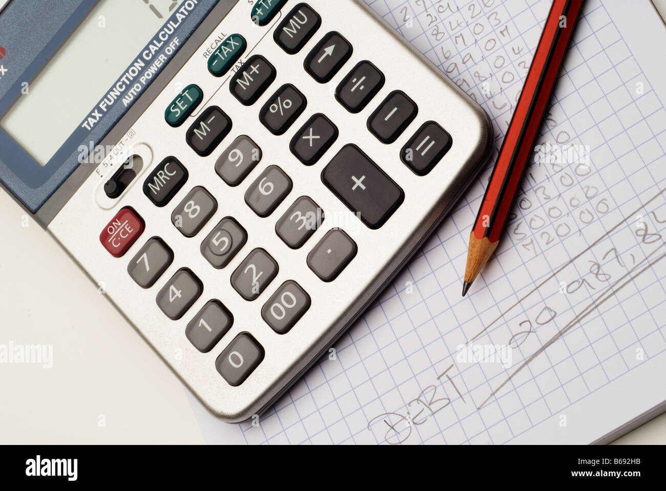 Block paper, calculator and pencil with list of monthly debt and expenses. Stock Photo