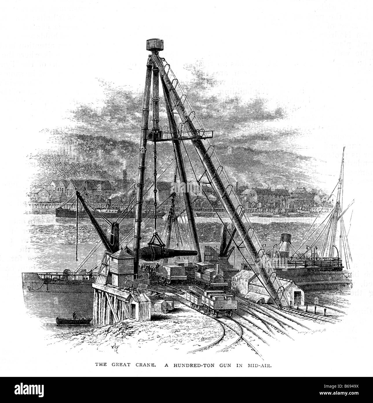 Armstrong One Hundred Ton Gun being loaded onto a ship at Elswick Newcastle Upon Tyne 19th nineteenth century engraving Stock Photo