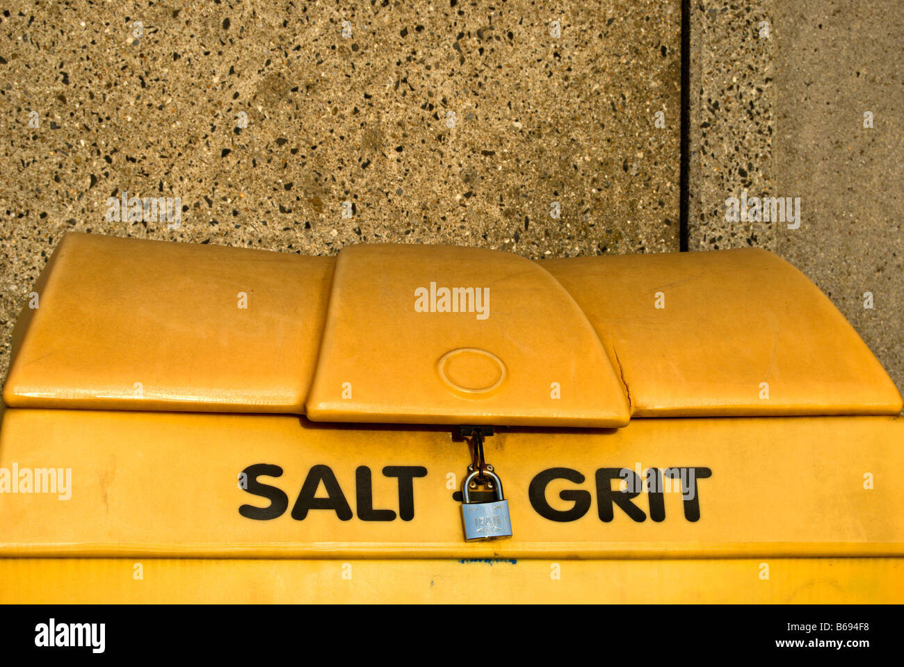 padlocked yellow container for rock salt, used for gritting roads in