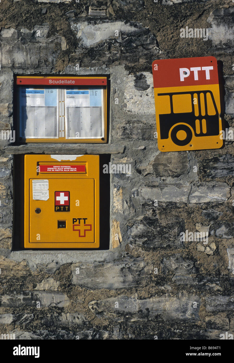 Swiss bus stop sign and mail box Scudellate Valle di Muggio Canton Ticino Switzerland Stock Photo