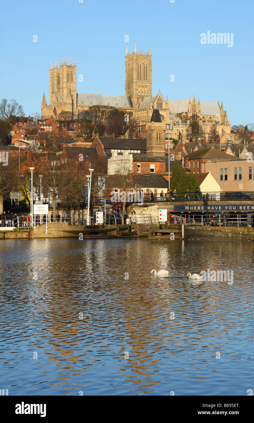 Brayford Pool and Lincoln Cathedral, Lincoln, England, U.K. Stock Photo