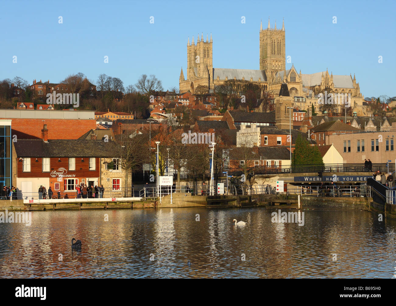 Brayford Pool and Lincoln Cathedral, Lincoln, England, U.K. Stock Photo
