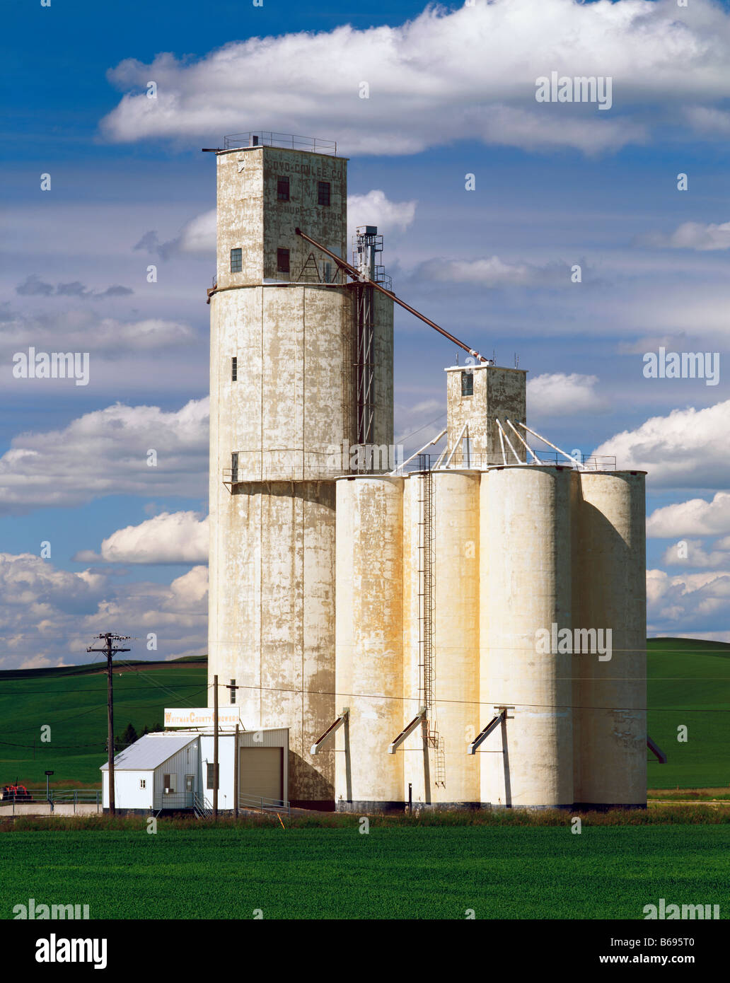 WASHINGTON - Grain silo in farm fields near the community of Steptoe in the Palouse region of Eastern Washington. Stock Photo