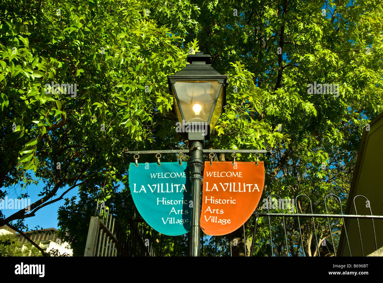 La Villita historic arts village red blue banners street lamp san ...