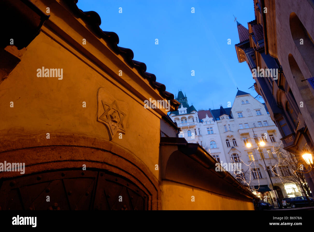 Old New Synagogue Staronova Synagoga at night Jewish Quarter Prague Czech Republic Parizska street Stock Photo