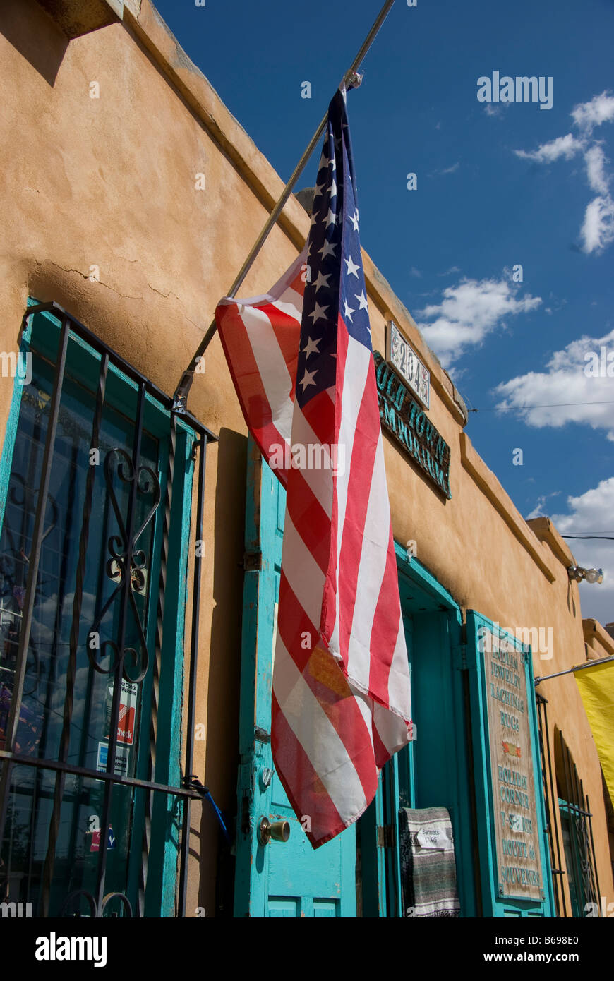 American flag hanging outside the Old Town Emporium in Old Town Albuqueruque Stock Photo