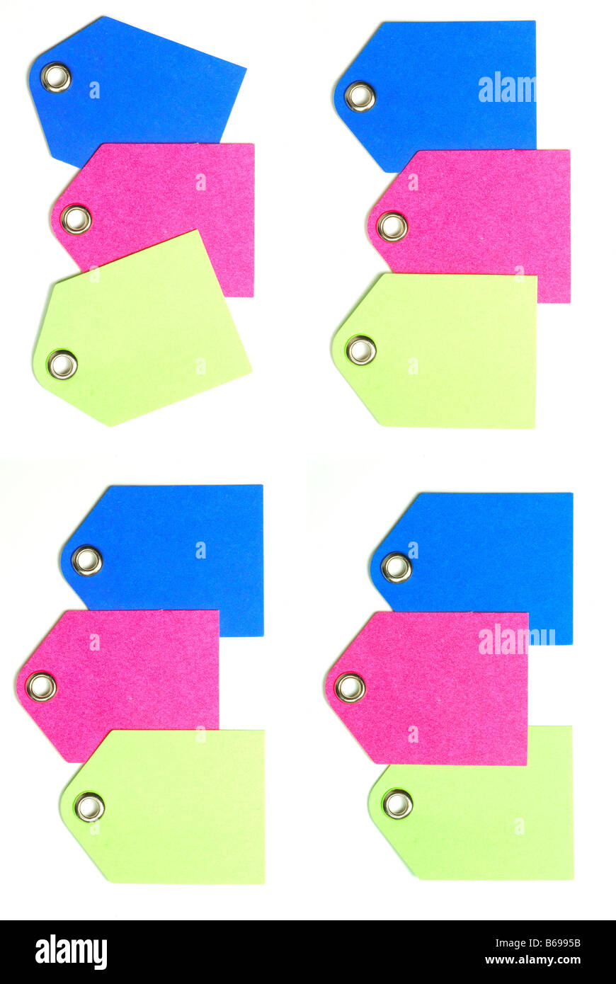 Three blank colored tags isolated on a white background Stock Photo