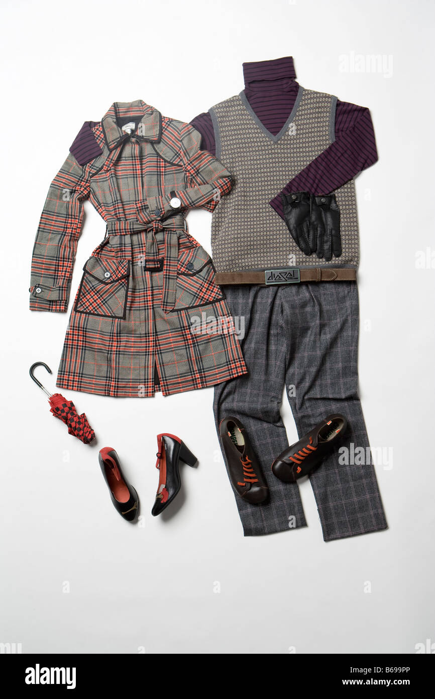 clothes for man and woman put together in white background Stock Photo ...