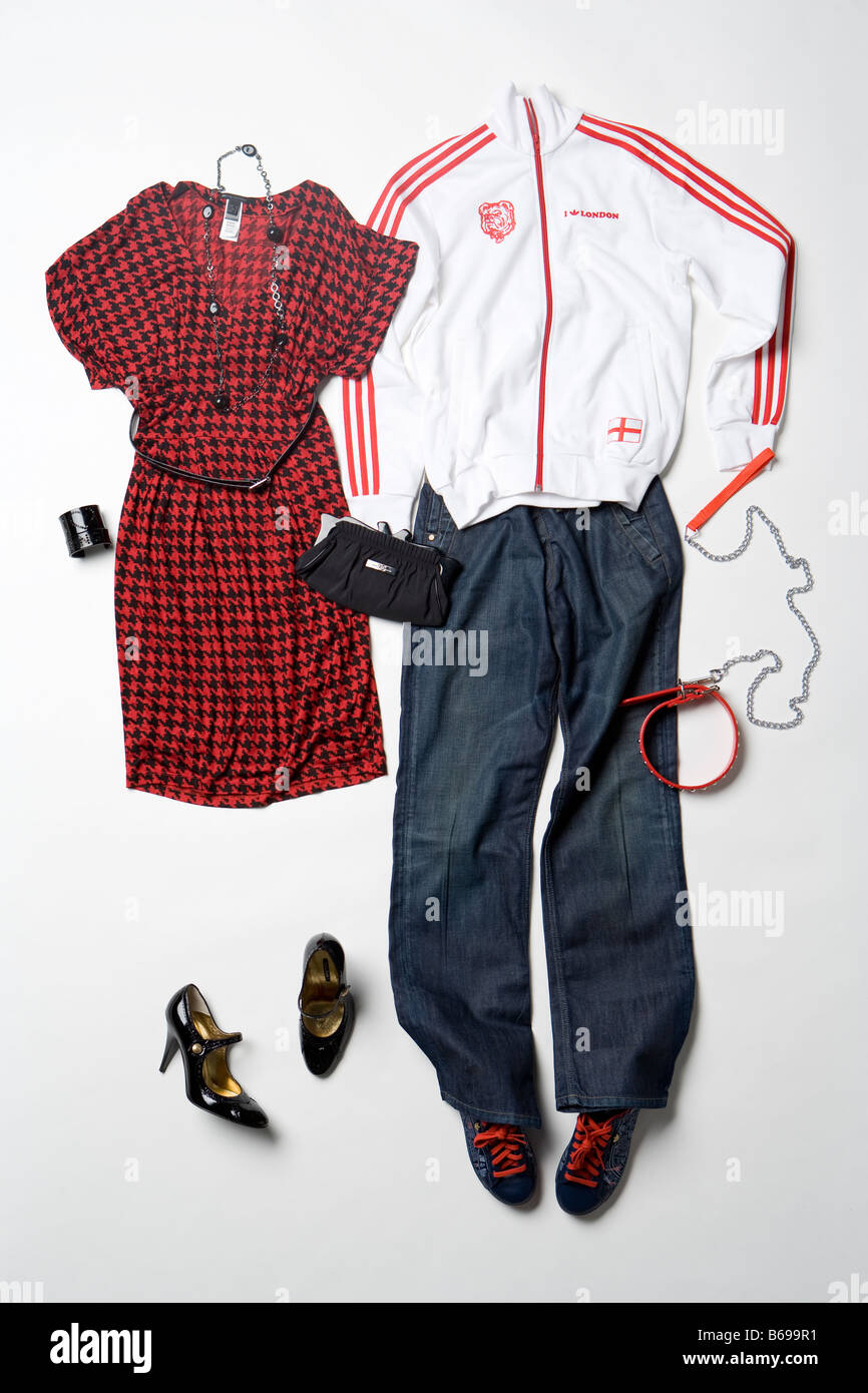 clothes for man and woman put together in white background Stock Photo ...